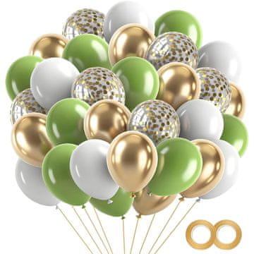 Baloni iz lateksa GUO YING, komplet 60 kosov, 30 cm, olivno zeleni, zlati, beli, s konfeti, za poroke, rojstne dneve, baby shower, vrvici vključenih