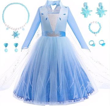 Kostum Princesa Elsa za Dekleta, XFOZDM, Velikost 130 cm, Modra, Komplet z Dodatki: Obleka, Čarobna Palica, Krona, Uhani, Ogrlica, Rokavice, Lasulja, Mešanica Bombaža in Poliestra, Organza, Dolg