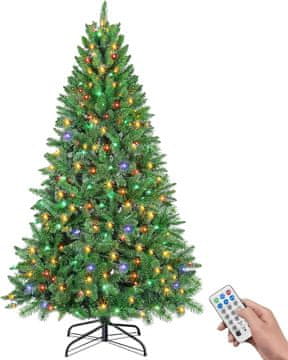 Umetna božična jelka 180 cm zelena, 300 pisanih LED lučk, 11 načinov svetenja, 1000 konic, PVC negorljiv, kovinska podlaga, daljinski upravljalnik, za notranje prostore, pisarne, dogodke