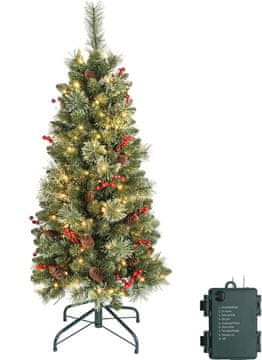 Novoletna jelka LED vitka, 120 cm, zelena, 230 vejic, 70 LED lučk topla bela, na baterije, negorljiva plastika, kovinsko podnožje, vključno z jagodami in storži, idealna za majhne prostore