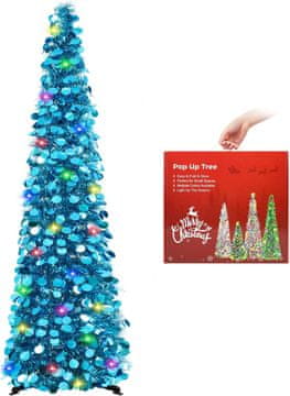 Umetna božična jelka LED 150 cm, modra, s 8 načini osvetlitve, na baterije, premer osnove 33 cm, hitra montaža, stabilno stojalo, idealna za majhne prostore