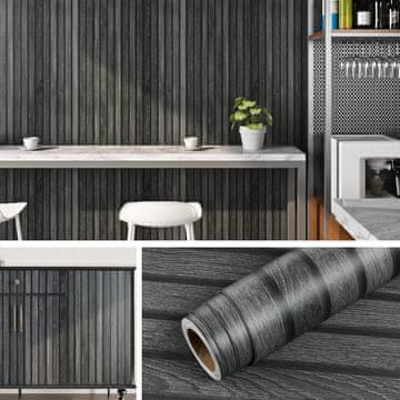 Samolepilna tapeta za pohištvo 3D Antracit Lesena tekstura PVC 40 cm x 10 m – Vodoodporna, pralna, enostavna montaža, za kuhinjo, spalnico, omaro, steno