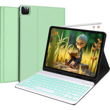 Ovitek z tipkovnico IVEOPPE AZERTY Bluetooth zaščitni za iPad Air 4/5 10.9", iPad Pro 11" (2018-2022), Zeleni, z osvetlitvijo, sledilno ploščico, režo za Apple Pencil, eko usnje/ABS, Auto-Sleep