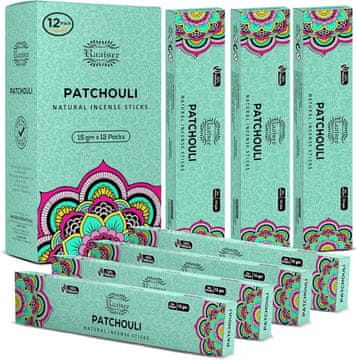 Dišeče palčke Pačuli Naravne Organske Aromaterapija Komplet 12 paketov, ročno zvite v Indiji, čas gorenja 45 min, brez kemikalij, za meditacijo in jogo, globoka lesna aroma