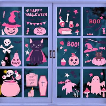 Nalepke za okna Halloween – komplet 72 kosov, 9 listov, PVC, za večkratno uporabo, dvostranski tisk, samolepilne, dekoracija za stekla, hladilnike, ogledala, buče, okostnjaki, netopirji, roza
