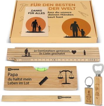 Darilni set za mojstra: 2m merilni trak, libela z akrilnim steklom, odpirač za steklenice, mizarjev svinčnik, obesek za ključe, voščilnica, ABS plastika, fluorescentna tekočina, ergonomski
