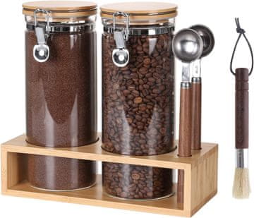 Stekleni kozarci s polico 2x 1500 ml, borosilikatno steklo, bambusov pokrov, merilna skala, tesno zapiranje, shranjevanje živil, kava, čaj, svežina, red v kuhinji, prostorsko varčni, set 2 kom