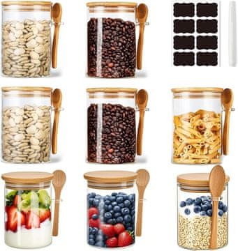 Komplet 8 steklenih kuhinjskih kozarcev 540 ml, borosilikatno steklo, naravni leseni pokrovi s tesnilom, BPA-free, primerno za shranjevanje živil, kavo, čaj, oreščke, začimbe, prihranek prostora
