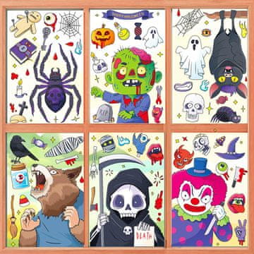 Halloween nalepke za okna, vodoodporne, elektrostatične, komplet 78 kosov, PVC, dvostranske, za večkratno uporabo, enostavna namestitev, brez lepila, dimenzije lista 20x30 cm, dekoracija za praznično