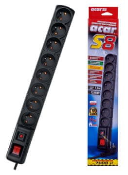 ACAR ACA produžni kabel S8, 8 utičnica, 1,5m, crni