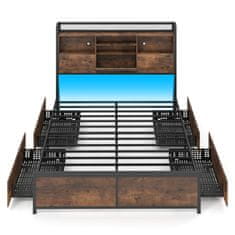 Costway Posteljni okvir 220x143x113 cm z LED postajo, shranjevanjem v vzglavju in 4 predali, kovinska platforma brez vzmetnice