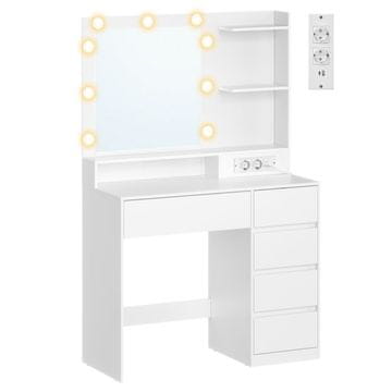Songmics Toaletna mizica z ogledalom, LED osvetlitvijo, vtičnico, 5 predalov, 80x40x144.3 cm, bela