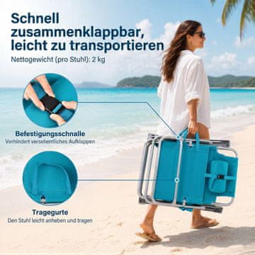 Costway Set 2-delne zložljive stolice za na plažo turkizne barve s prilagodljivim naslonom in naslonom za glavo