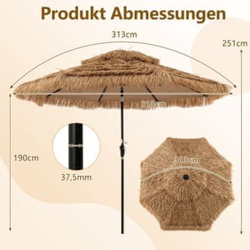 Northix Tiki slamnati senčnik s solarnimi LED lučkami 313 cm