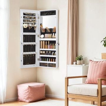 Songmics Stenska omarica za nakit z ogledalom in LED osvetlitvijo 9.8x37.6x108.1 cm bela