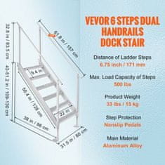 VEVOR Pristaniška lestev 6 stopenj Dvojni ročaji Nastavljiva višina 109.2-129.5 cm Aluminij