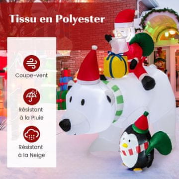 Costway Napihljiv polarni medved z Božičkom, pingvinom in darilno škatlo 210 cm božična figura z LED notranjo osvetlitvijo