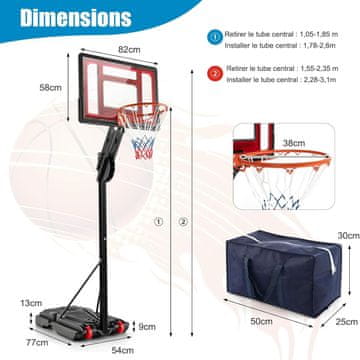 Costway Višinsko nastavljiv košarkaški obroč s stojalom in 2 kolesoma 105-260 cm črn