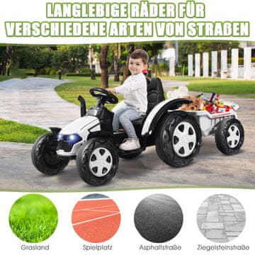 Costway Igralni traktor s prikolico 12V, dimenzije 151x68x70 cm, bel
