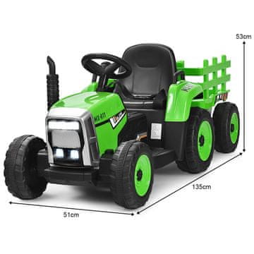 Costway Otroški traktor z 3 hitrostmi 12V z odstranitelnim priklopnikom, zelen