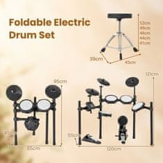 Costway Zložljivi bobni z mrežastimi blazinicami 21 cm, činelami 24,5 cm, 225 zvoki, 30 demo, metronom, USB MIDI, bas boben, 2 palici