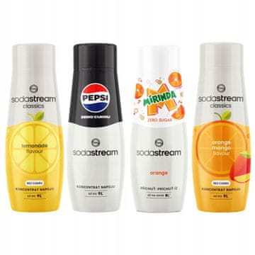SodaStream Pepsi Zero + Mirinda Zero + sirupi pomaranča-mango + limonada 4 kosi