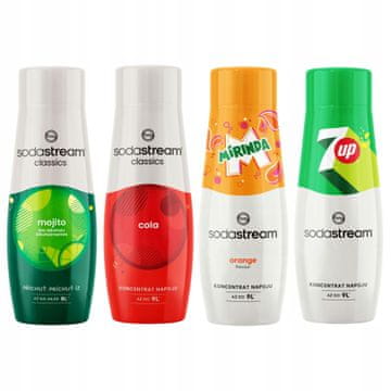 SodaStream Cola + Mirinda + 7Up + Mojito sirupi za avtomat s sodo 4 kosi.
