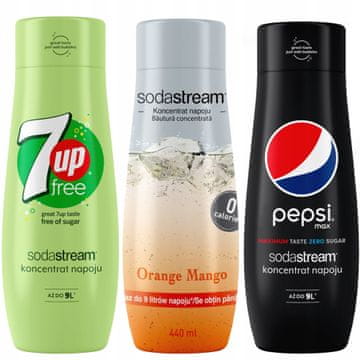 SodaStream Komplet 3 koncentratov 7UpFREE + pomaranča-mango + PepsiMax