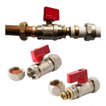 Kroglični ventil 15 x 16 mm bakreni adapter PEX 16 rdeč Conex konektor