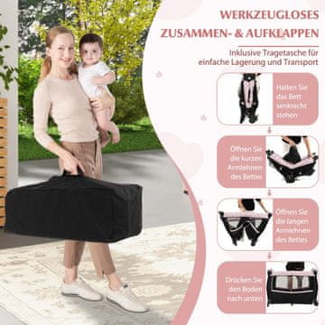 Costway Potovalna posteljica 4 v 1 z vzmetnico, zložljiva postelja, nastavljiv baldahin, rožnate rože