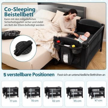 Costway Otroška potovalna posteljica s 4 višinami, previjalno mizo, vzmetnico, mrežo, prostorom za shranjevanje, igralno palico, črna