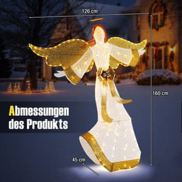 Costway Zunanja osvetljena božična angel 160 cm s sijajem, krili in 180 toplimi belimi LED lučmi