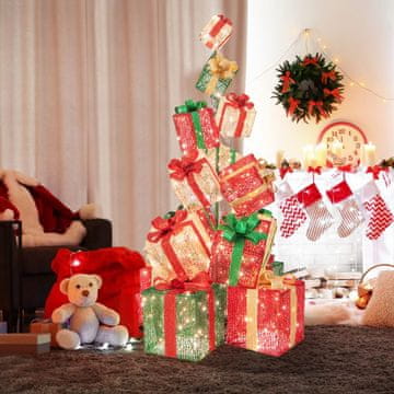 Costway Osvetljena stolpna dekoracija iz darilnih škatel 170 cm z 15 predhodno osvetljenimi škatlami in 450 lučkami