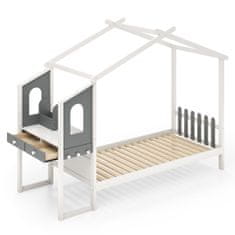 Costway Postelja s pisalno mizo Lesena postelja na platformi 200x90 cm Bela in siva