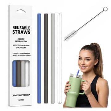 Northix Komplet 4 plastičnih slamic za večkratno uporabo s čistilno krtačko