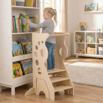 Costway 2-v-1 Kuhinjski leseni učni stolp Montessori z odstranljivimi palicami in 2-stopenjskim stolčkom za otroke od 3 let
