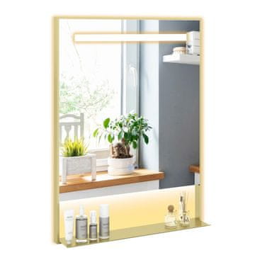 Costway LED kopalniško ogledalo 80x60 cm z polico, aluminijast okvir, proti megli, 3 barve osvetlitve, zlato