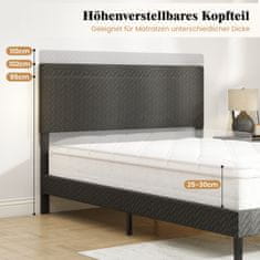 Costway Posteljni okvir iz žameta 140x200 cm siv z nastavljivo vzglavjem v vzorcu ribje kosti