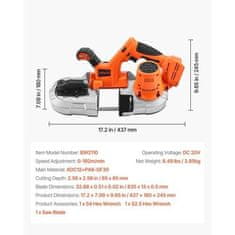 VEVOR Prenosna trakasta žaga 65x65 mm globina rezanja 360W brezžična spremenljiva hitrost