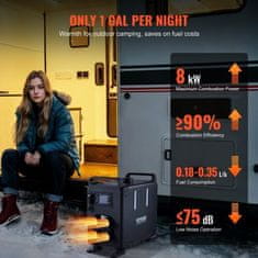 VEVOR Dieselski grelec zraka 8kW vse v enem, vertikalen, prenosni, 12V 24V, Bluetooth upravljanje, CO alarm