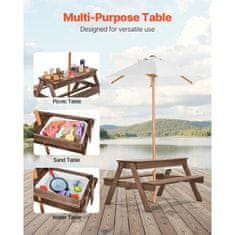 VEVOR Otroška piknik miza 3-v-1 miza za pesek in vodo 89x80x51 cm rjava
