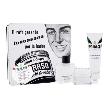 Proraso White darilni set balzam po britju White 100 ml + krema pred britjem 100 ml + krema za britje White 150 ml + kovinska škatla