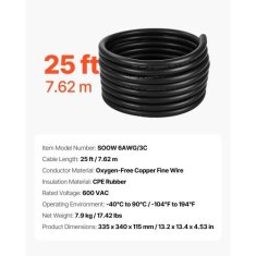 VEVOR Električni podaljšek napajalnega kabla 25 ft 6AWG 16 mm² baker 7.62 m