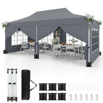 Costway Pop Up šotor 3x6 m s 6 stranskimi stenami in zadrgami na vhodih, siva