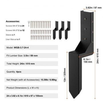 VEVOR Komplet za popravilo nosilcev ograje 598x97x155 mm jeklo 4 kosa