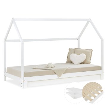 Homestyle4U Otroška postelja v obliki hiške s predalom, 206x142x100 cm, bela