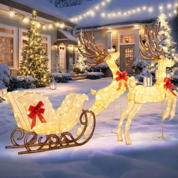 Costway 3-delni LED severni jelen z sani božična figura s 280 toplimi belimi LED lučmi