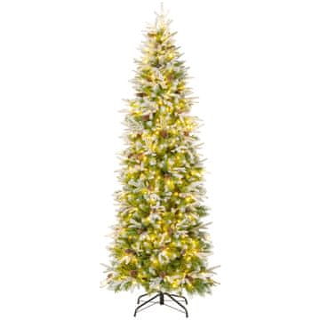 Costway Umetno božično drevo 220 cm, posuto s snegom, 913 vrhov, 75 storžev, 350 toplih belih LED luči