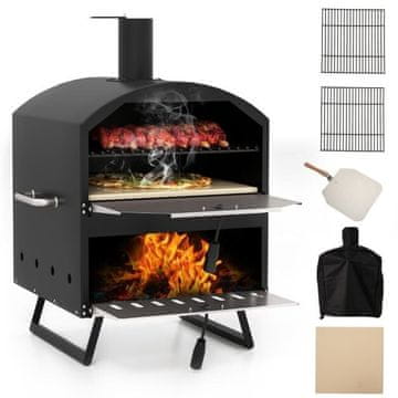Costway Zunanji 40 cm 2-plastni lesni pizza peč s kvadratnim kamnom črna
