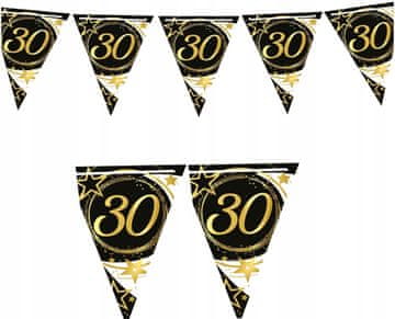 Fiestas Guirca Papirnata girlanda z zastavicami in transparenti za 30. rojstni dan, črno-zlata, zabava, 300 cm